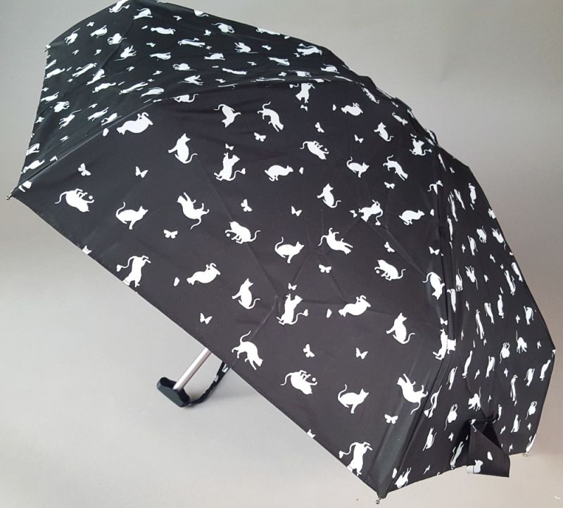 Parapluie pochon, un micro plat pliant noir imprimé chats blancs Guy de Jean 200g, français et résistant