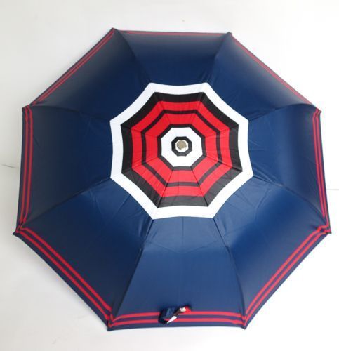 parapluie pliant anti uv femme manuel imprimé rayures bleu marine poignée bois léger et français