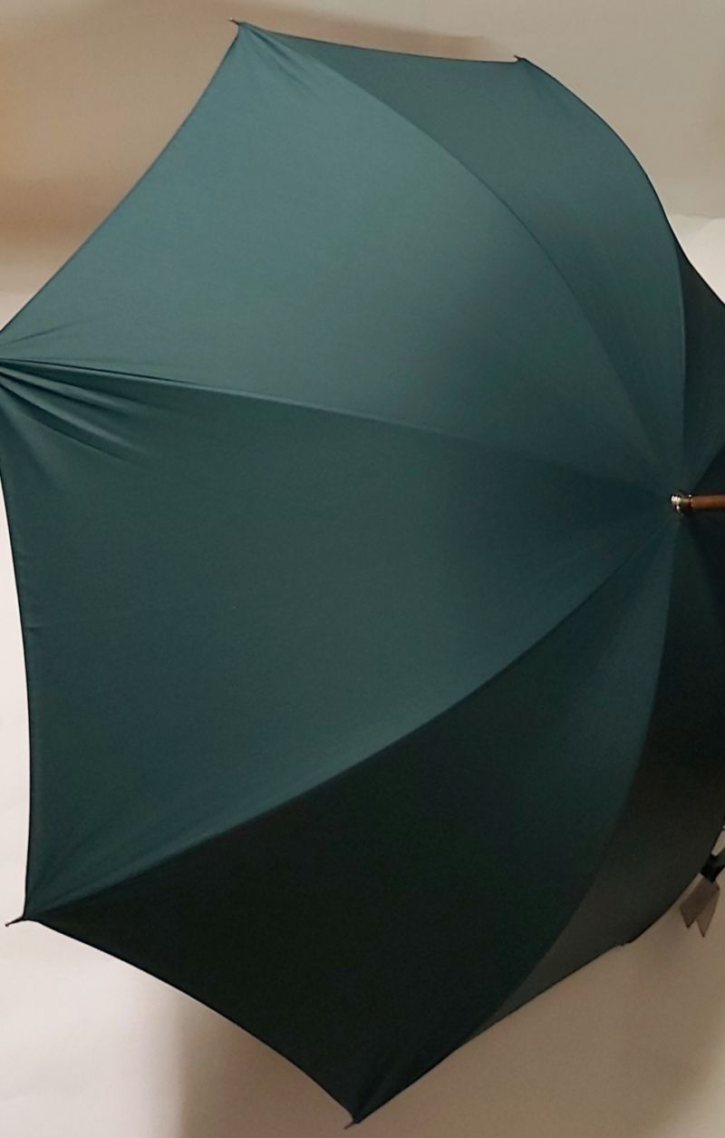 Parapluie canne manuel vert en bois avec une poignée courbe bois français, grand et résistant