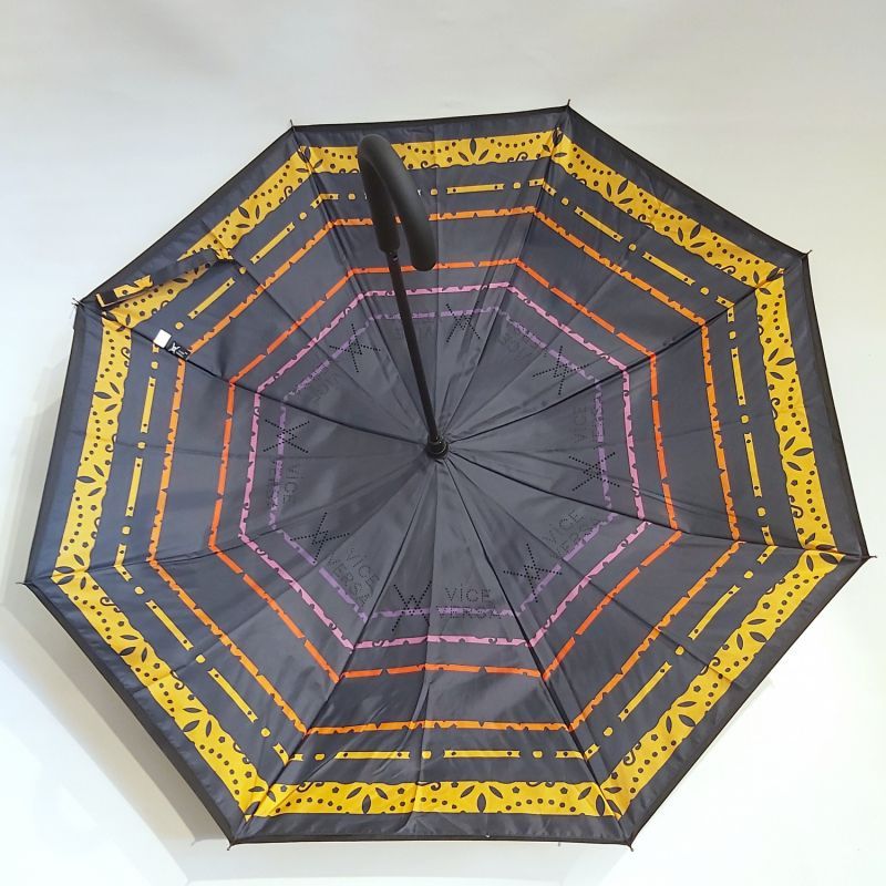Parapluie inversé tissu noir doublé rayures noir et jaune Bandana, léger et solide