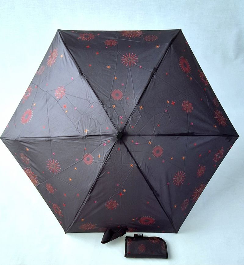 Micro parapluie de poche plat manuel noir imprimé feu d'atifice - Léger 200g & solide / Neyrat