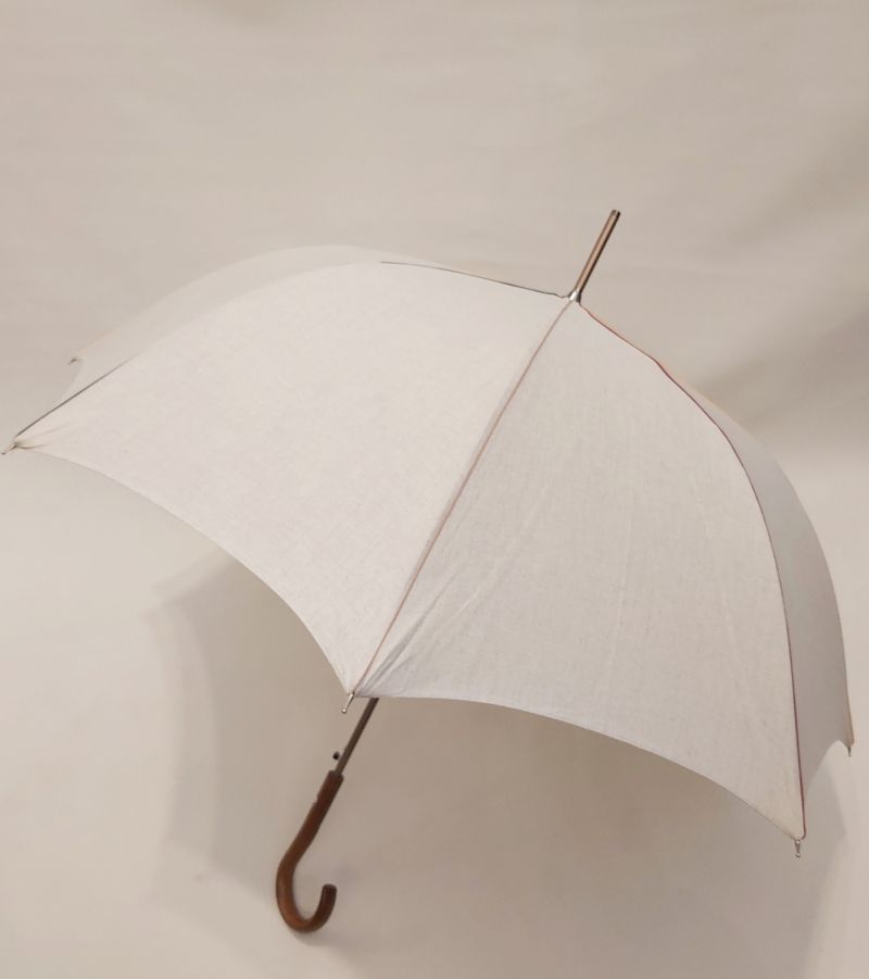 Parapluie long automatique en lin naturel passepoil multicolore anti uv sa poignée bois, grande ombrelle légère anti uv à 98%