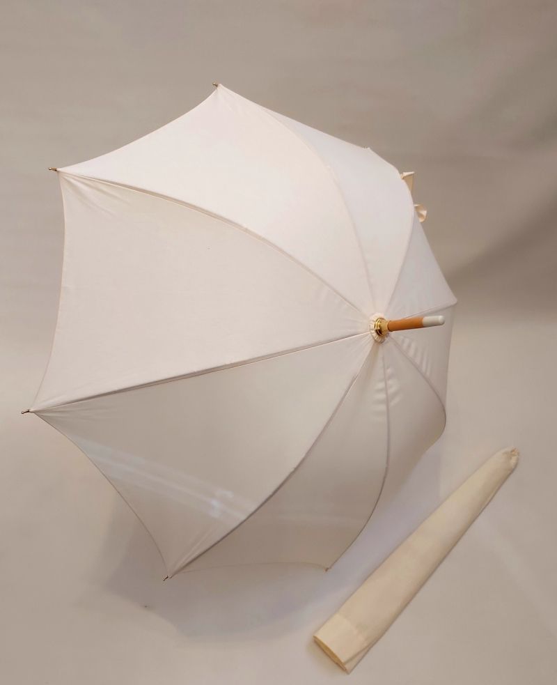 Ombrelle droite en coton ivoire anti uv 98% poignée cone en bois française - légère et élégante