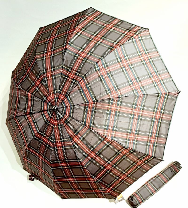 EXCLUSIVITE parapluie pliant automatique gris & bordeaux écossais poignée bois Ezpeleta - XXL solide & durable