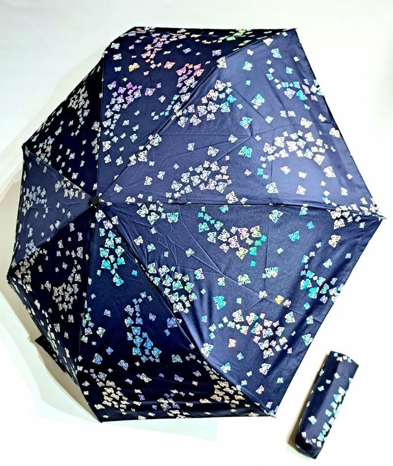 Mini parapluie extra fin pliant bleu marine imprimé papillons irisés P.Cardin - léger 250g et solide
