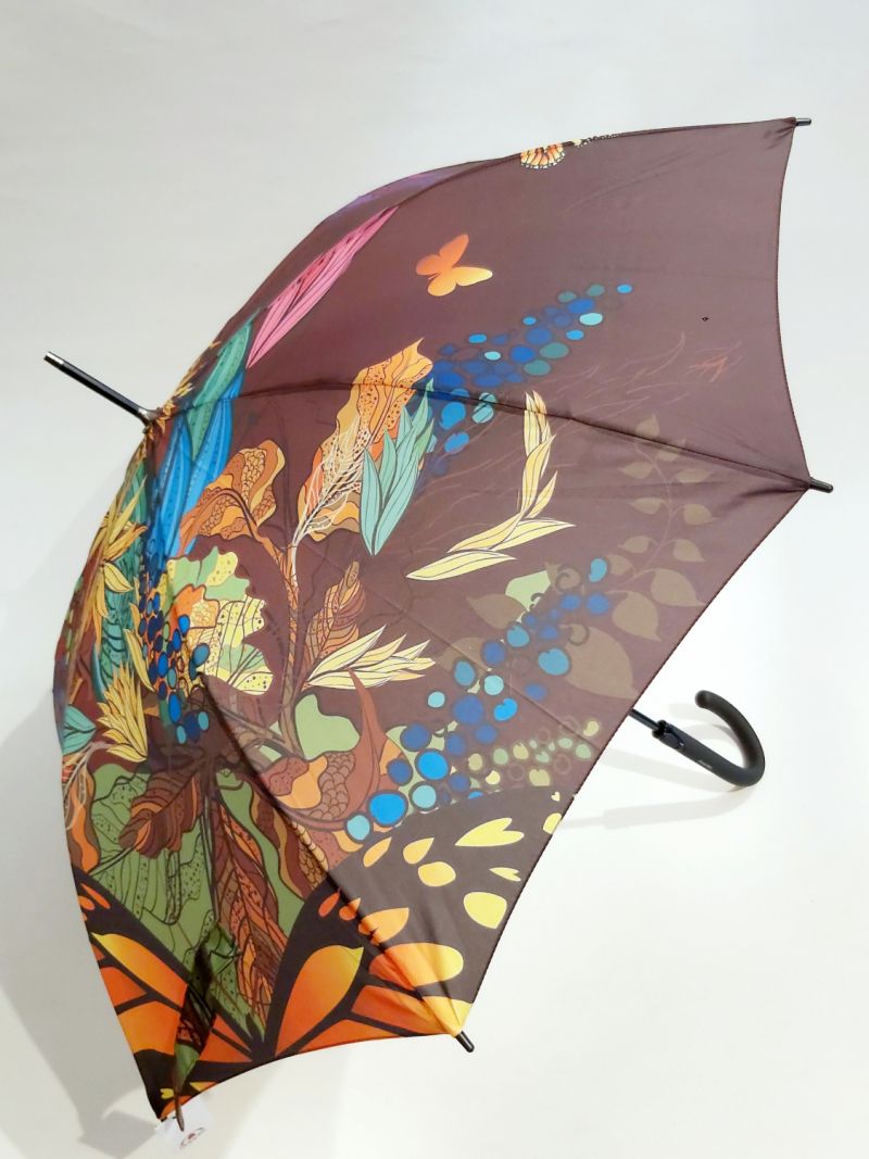 Parapluie long automatique bordeaux imprimé bouquet coloré & papillon - Léger & résistant