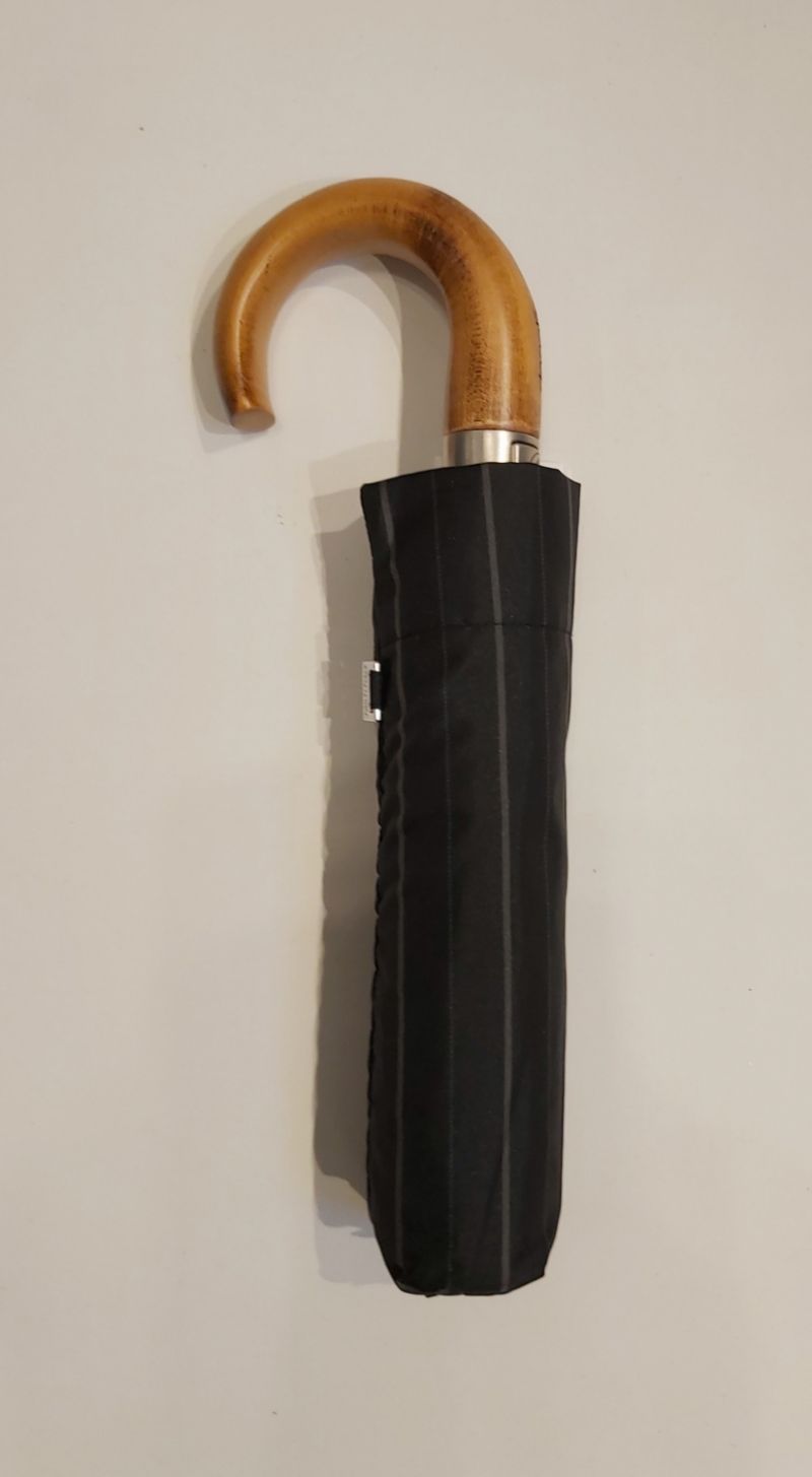 Parapluie mini pliable noir rayé open close poignée bois Doppler, 10 branches grand (105 d) & solide