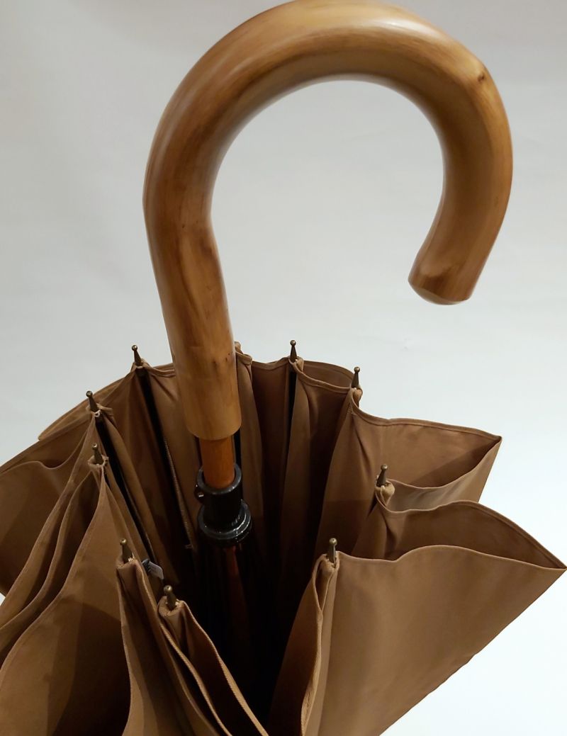 EXCLUSIVITE Parapluie de BERGER long en coton anti uv caramel 10 baleines & poignée bois en châtaignier, grand & anti vent