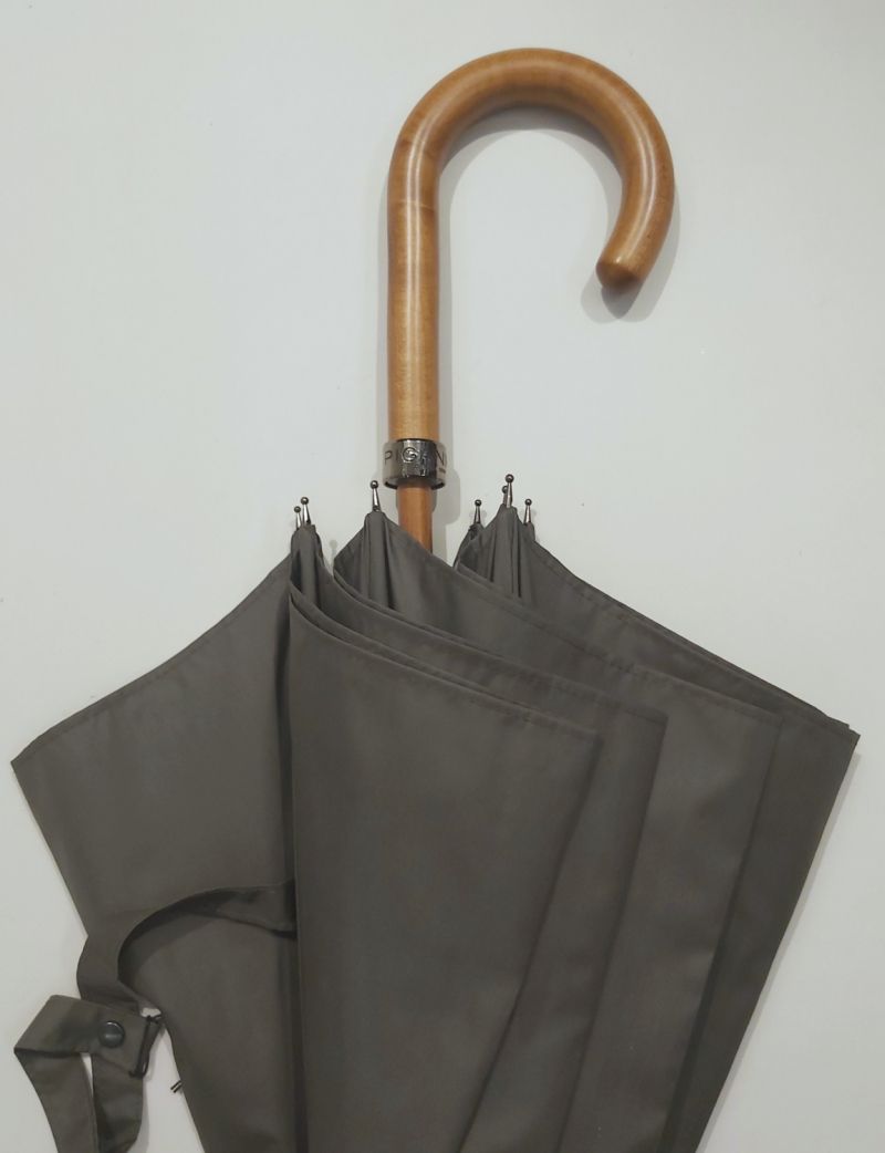 EXCLUSIF : Parapluie canne bois manuel uni marron anti vent français, Léger & solide