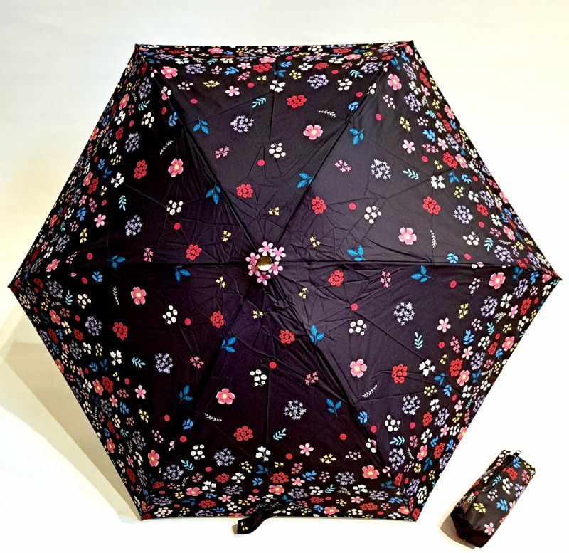  Parapluie micro pliant noir à motif fleurs folk colorés open close 20cm Neyrat Autun - Petit & solide