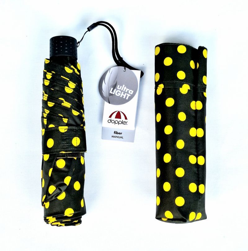 Parapluie Doppler PLUME mini Fiber Havanna kaki imprimé à pois jaune - Ultra léger & Pas cher