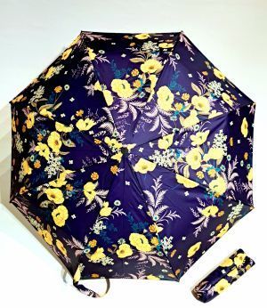 Parapluie mini pliant automatique bleu marine imprimé de fleurs colorées & papillons Neyrat Autun - léger & résistant