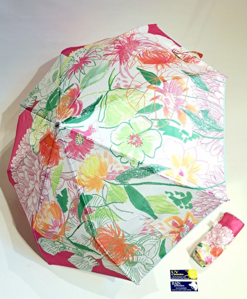 Parapluie pliant français ouvrant fermant rose imprimé bouquet coloré Floraison - anti UV - Original & résistant
