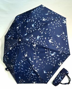 Parapluie mini automatique open close bleu marine imprimé hirondelle P.Vaux français - solide & résistant