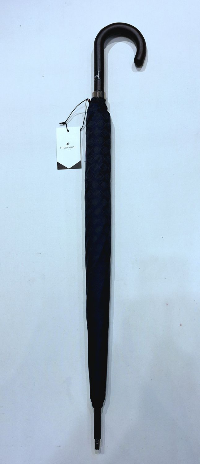 Parapluie long haut de gamme automatique bleu/noir imprimé Piganiol pgn bois foncé - élégant & résistant