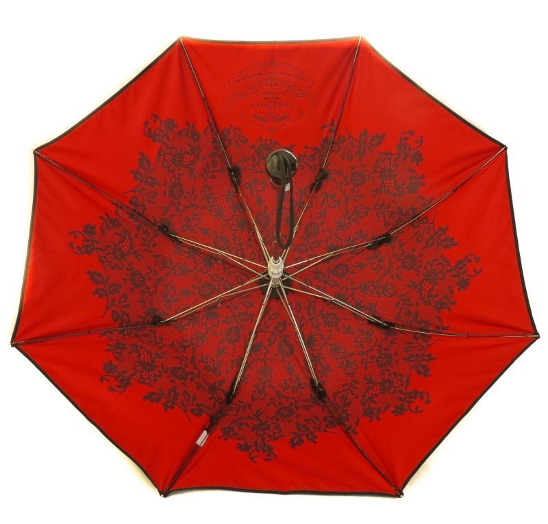 EXCLUSIVITE : Parapluie  Chantal Thomass pliant noir automatique doublé rouge à dentelles, robuste et élégant
