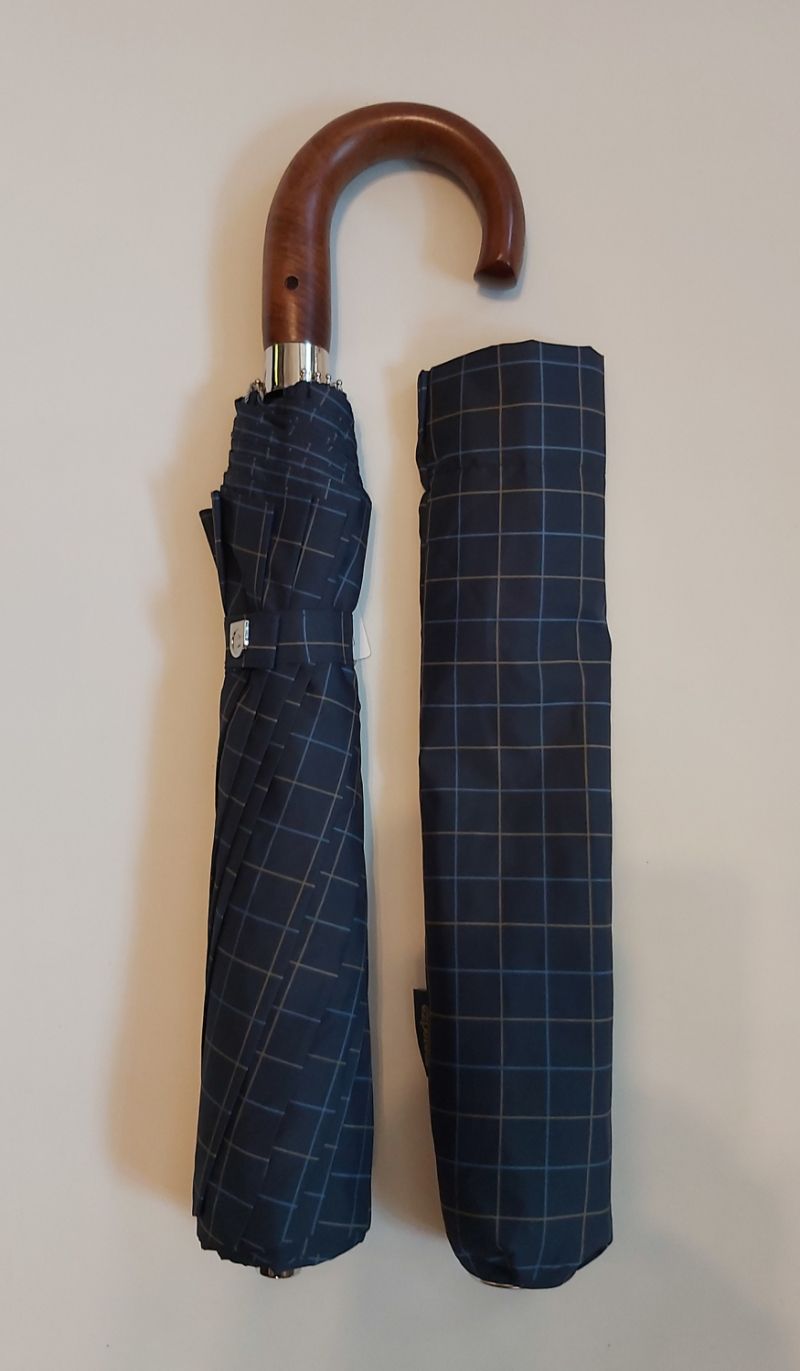 Parapluie pliant automatique bleu & vert poignée crochet bois 10 branches Ezpeleta - grande104 cm & robuste