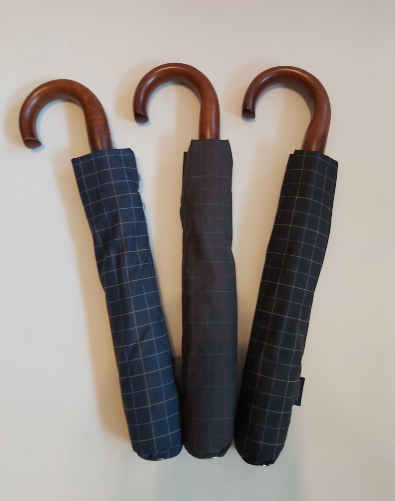 Parapluie pliant automatique bleu & vert poignée crochet bois 10 branches Ezpeleta - grande104 cm & robuste