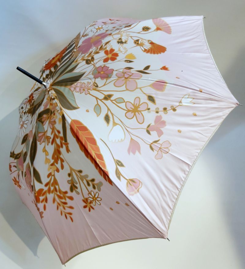 Parapluie Piganiol Botanica - Long manuel rose à motif délicat la beauté des fleurs -Tissu anti uv - Léger & résistant 