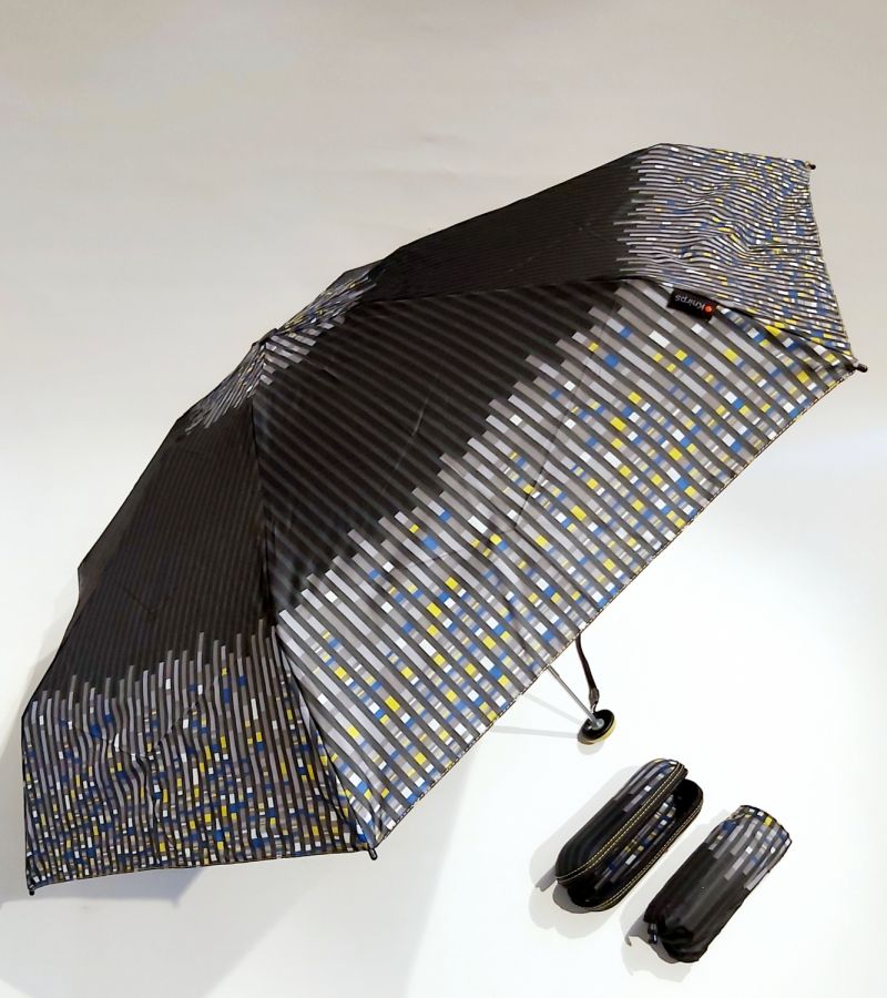 Micro parapluie de poche Knirps X1 17 cm 8 branches, pliant étui rigide noir rayé à damier, solide, 220g & XXL