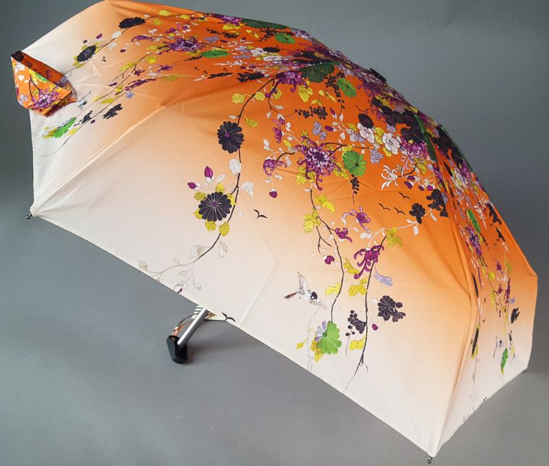 parapluie de poche Jean Paul Gaultier micro plat orange fleurs pochon imperméable, léger et solide