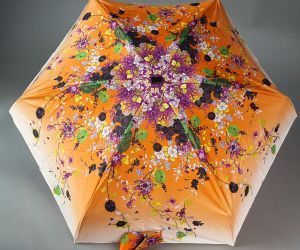 parapluie de poche Jean Paul Gaultier micro plat orange fleurs pochon imperméable, léger et solide