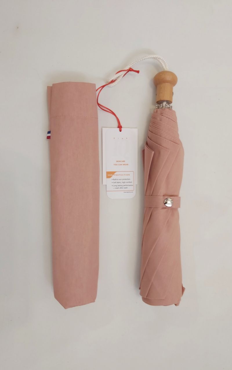 Ombrelle anti uv UPF50+ pliante femme manuelle en coton uni bois de rose poignée bois française, solide & durable