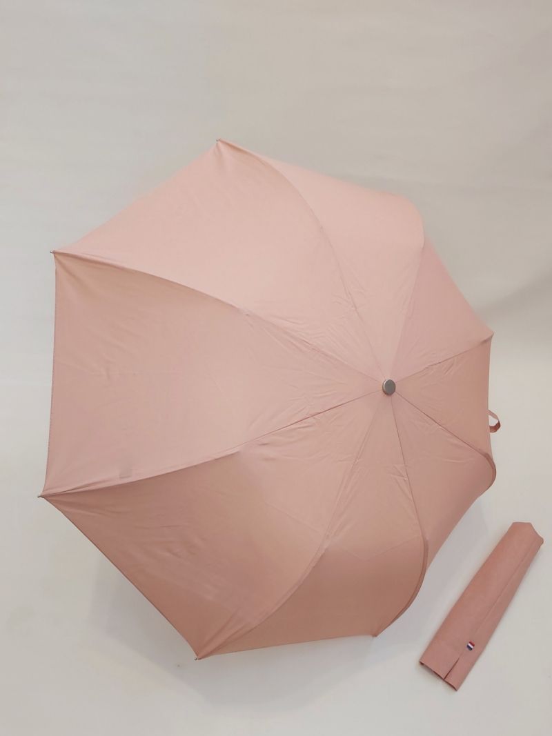 Ombrelle anti uv UPF50+ pliante femme manuelle en coton uni bois de rose poignée bois française, solide & durable