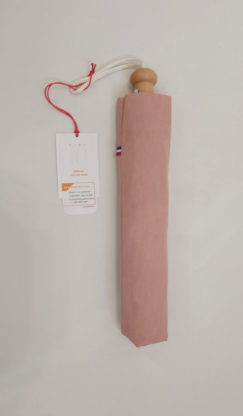 Ombrelle anti uv UPF50+ pliante femme manuelle en coton uni bois de rose poignée bois française, solide & durable