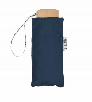 Micro parapluie de poche Anatole pliant uni bleu marine "Colette" pg bois naturel français, léger & solide 