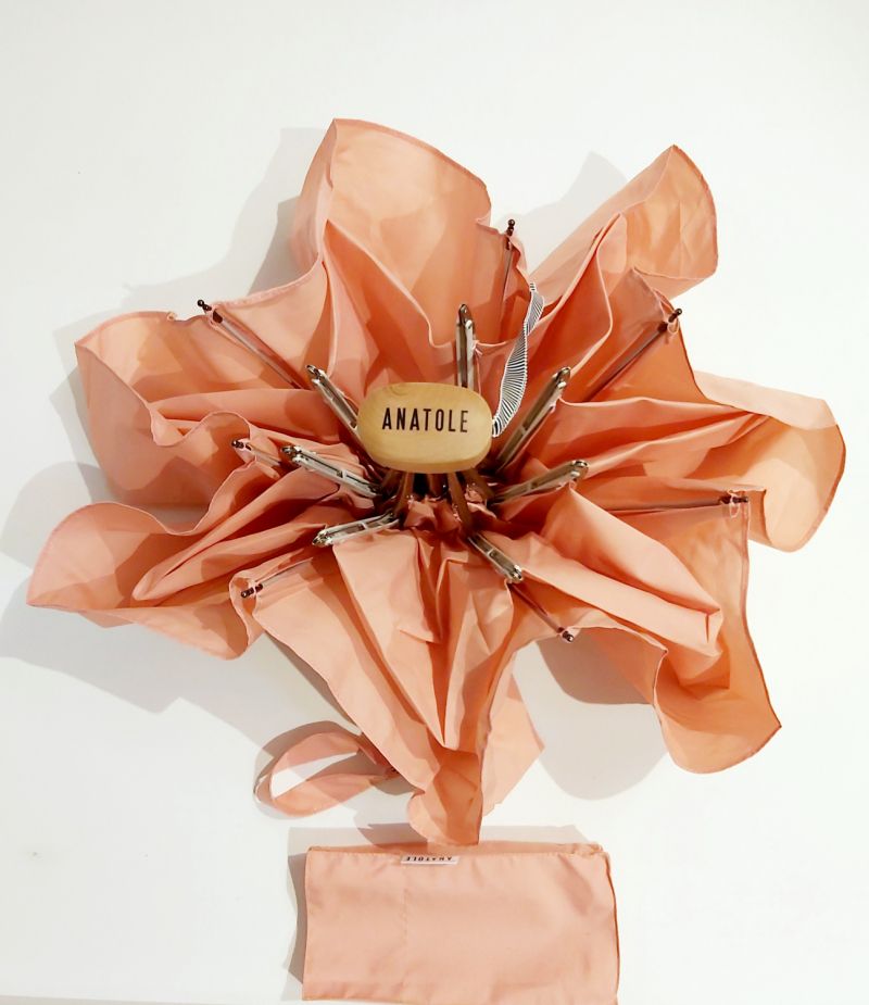  Parapluie de poche micro plat pliant Madeleine uni rose pg bois naturel Anatole - Léger 220g et solide 