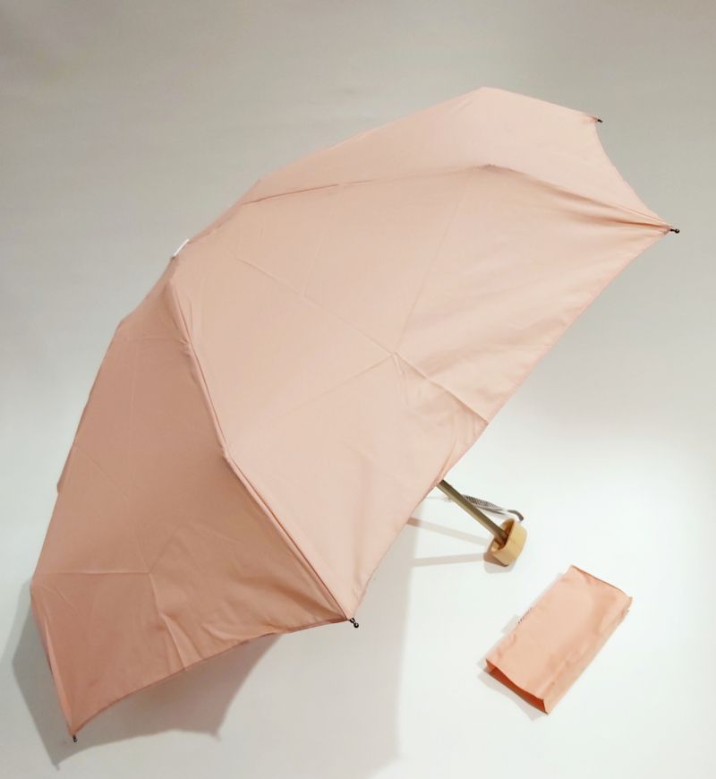  Parapluie de poche micro plat pliant Madeleine uni rose pg bois naturel Anatole - Léger 220g et solide 