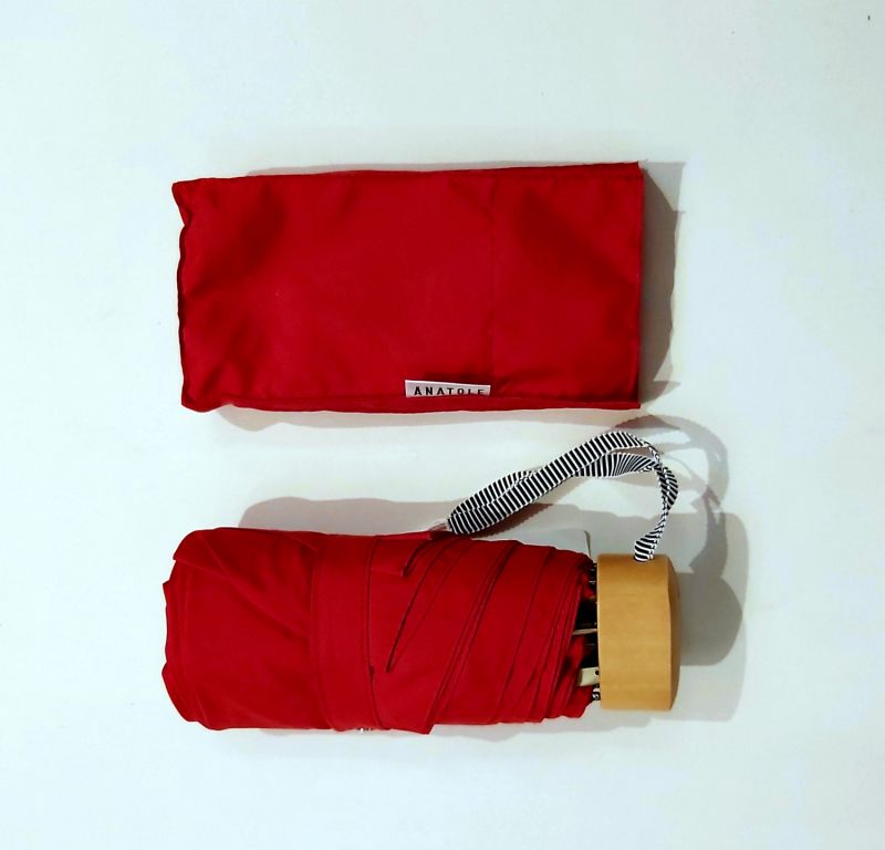 Micro parapluie de poche pliant manuel uni rouge vif pg bois Anatole 