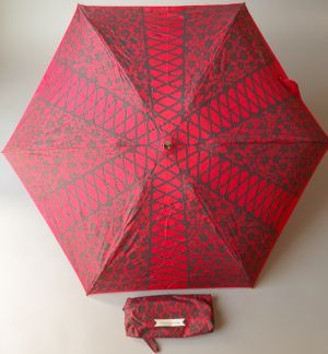 Parapluie femme pliant open close Chantal Thomass rouge à dentelle et lacets noirs avec sa trousse, léger et solide