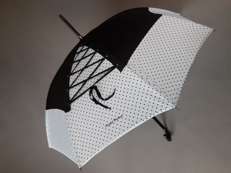 Parapluie Guy de Jean couture long blanc à pois noirs surmonté de lacet noir - original & Elégant 