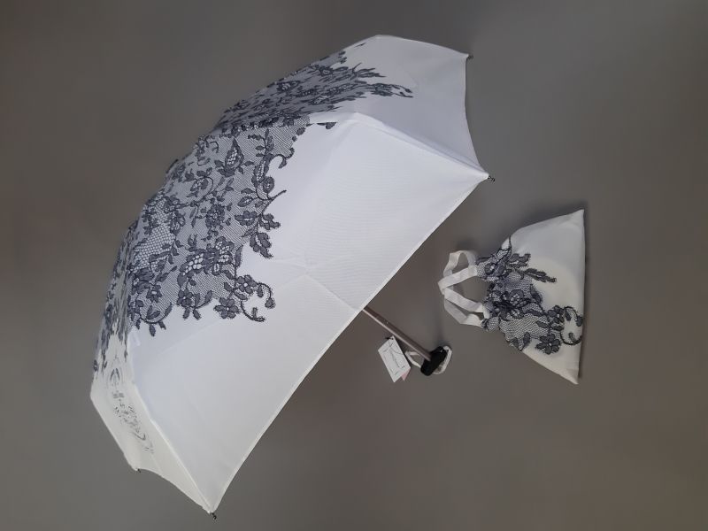 Parapluie mini plat et son sac pliant anti uv blanc imprimé dentelle noire Chantal Thomass, léger et français