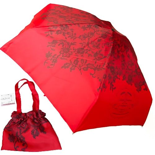 Parapluie mini plat et son sac pliant anti uv rouge imprimé dentelle noire Chantal Thomass, léger et solide