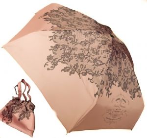Parapluie mini plat pliant anti uv et son sac rose imprimé dentelle noire Chantal Thomass, léger et solide