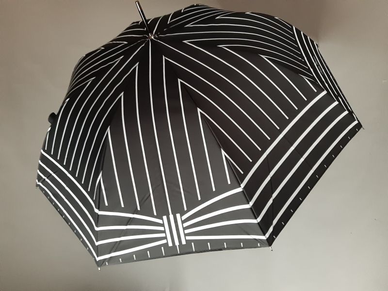 Parapluie haut de gamme Chantal Thomass long noir imprimé de rayures blanches, élégant & anti vent