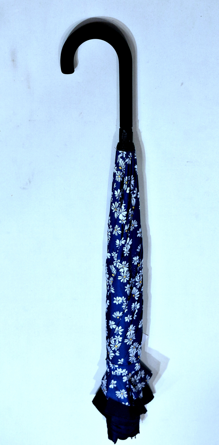 Parapluie inversé tissu doublé bleu marine & intérieur petites paquerettes - anti uv & léger