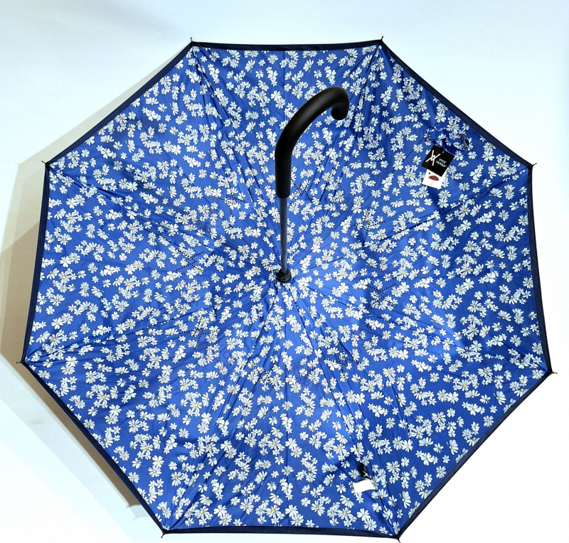 Parapluie inversé tissu doublé bleu marine & intérieur petites paquerettes - anti uv & léger