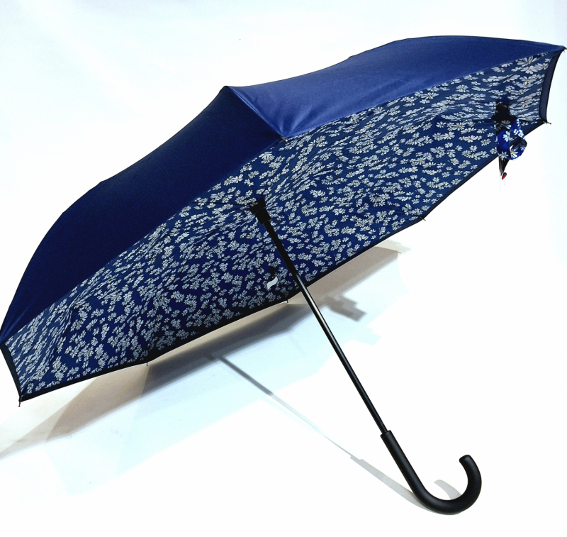 Parapluie inversé tissu doublé bleu marine & intérieur petites paquerettes - anti uv & léger