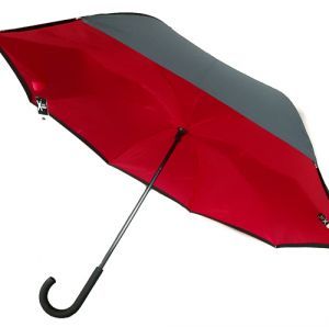 Parapluie inversé long noir doublé uni rouge Vice versa, léger et solide