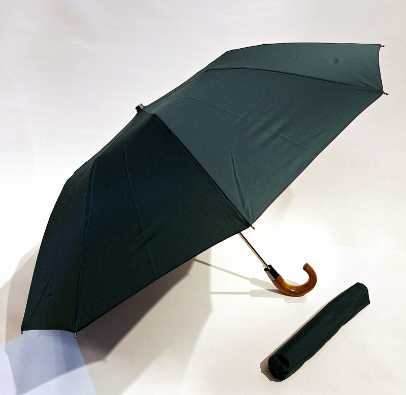 Parapluie d'homme pliant vert automatique 10 branches poignée bois P.Vaux - Grand & robuste