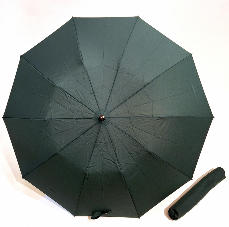 Parapluie d'homme pliant vert automatique 10 branches poignée bois P.Vaux - Grand & robuste