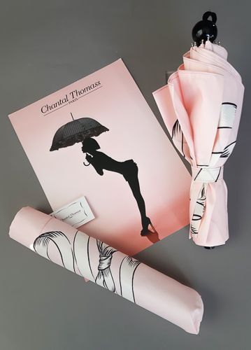 Parapluie femme Chantal Thomass pliant rose pale imprimé ruban blanc et noir