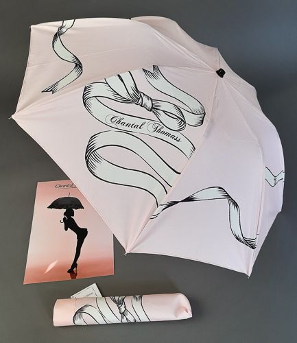 Parapluie femme Chantal Thomass pliant rose pale imprimé ruban blanc et noir