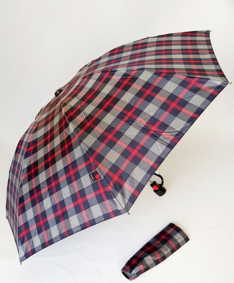 parapluie Knirps pliant inversé automatique bleu et rouge imprimé écossais, Durable & robuste