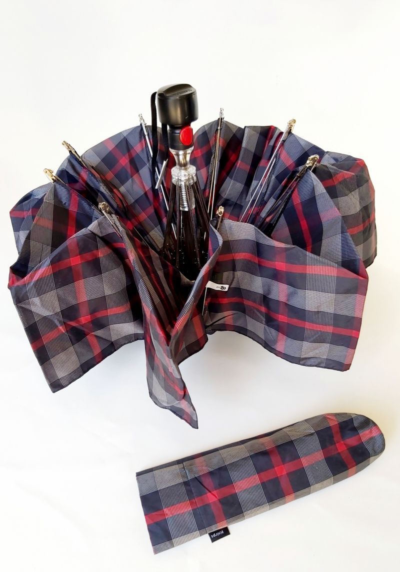 parapluie Knirps pliant inversé automatique bleu et rouge imprimé écossais, Durable & robuste