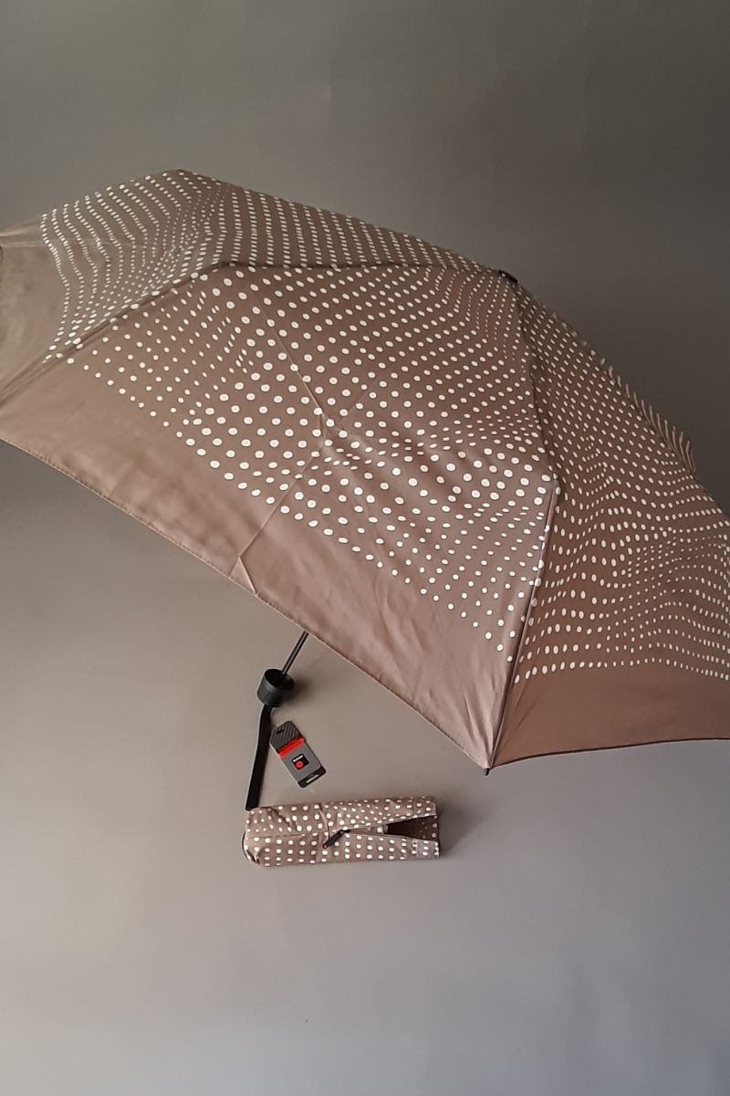 Parapluie pliable manuel imprimé taupe à pois blanc en carbonflex Knirps, léger 190 g et grand